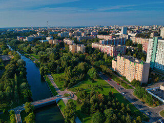 High angle view of the buildings of Minsk, Belarus on a sunny day