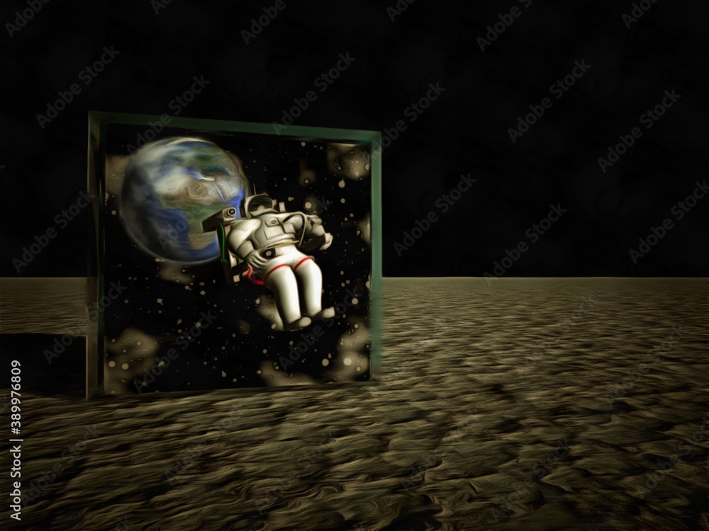 Poster astronaut in hypercube. 3d rendering