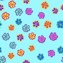 Childish seamless pattern with small flowers. Floral pattern on a blue background. Small flowers of different colors and shapes. Like a flower kaleidoscope. For background, wallpaper, website, print.