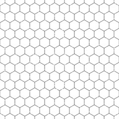 Repeated white polygons on black background. Honeycomb wallpaper. Seamless surface pattern design with regular hexagons. Grill motif. Digital paper for page fills, web designing, textile print. Vector