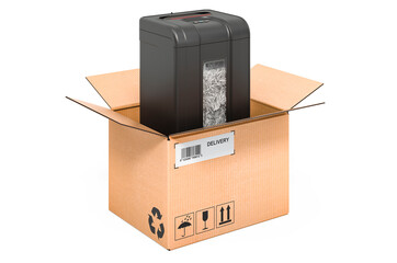 Paper shredder inside cardboard box, delivery concept. 3D rendering