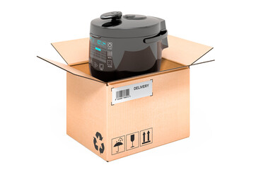 Automatic multicooker inside cardboard box, delivery concept. 3D rendering