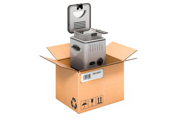 Deep fryer inside cardboard box, delivery concept. 3D rendering