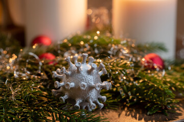 Christmas decoration with silver 3D printed Corona / COVID-19 virus