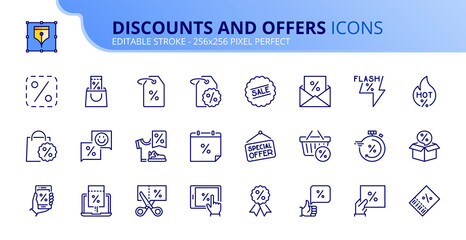 Simple set of outline icons about discounts and offers. Shopping