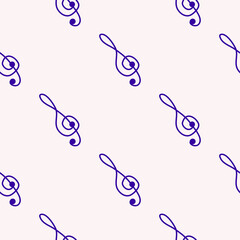 Love music seamless pattern with country guitar, music notes, treble clef, hearts, decorative elements.