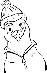 Pigeon, bird in hat funny, cartoon character isolated on white background. Concept for logo, cards, print   