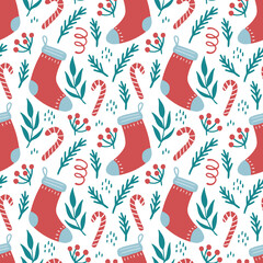 Christmas elements seamless pattern with gift box, floral, candy. Hand drawn style illustration. Winter holiday background for wallpaper, textile, fabric design.
