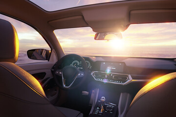 modern car interior, sunset view, 3D illustration concept background