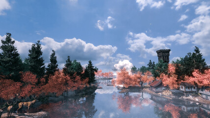 Autumn in wonderland. Landscape for a fairy tale with houses, fog, clouds and wild animals. 3D illustration, 3D rendering, 3D art.