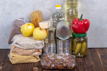 studio lighting. set of products. Cereals, canned food in metal cans. Concept, subsidy of a necessary set of food for life.products, subsidies,