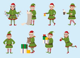 Set of christmas elves in different poses. Christmas character.Vector illustration isolated on white background.