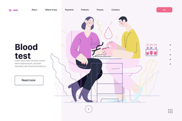 Medical tests illustration - blood test - modern flat vector concept digital illustration of blood test procedure - a patient and doctor with a syringe and test tubes, the medical office or laboratory