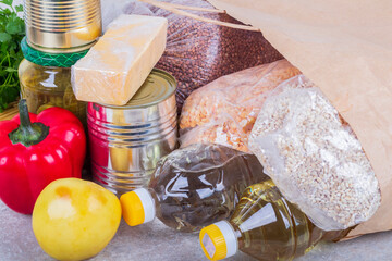 studio lighting. set of products. Cereals, canned food in metal cans. Concept, subsidy of a...