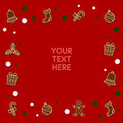 Christmas card frame design with snowflakes and gingerbread cookies. Template for greeting card.