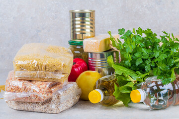 studio lighting. set of products. Cereals, canned food in metal cans. Concept, subsidy of a necessary set of food for life.products, subsidies