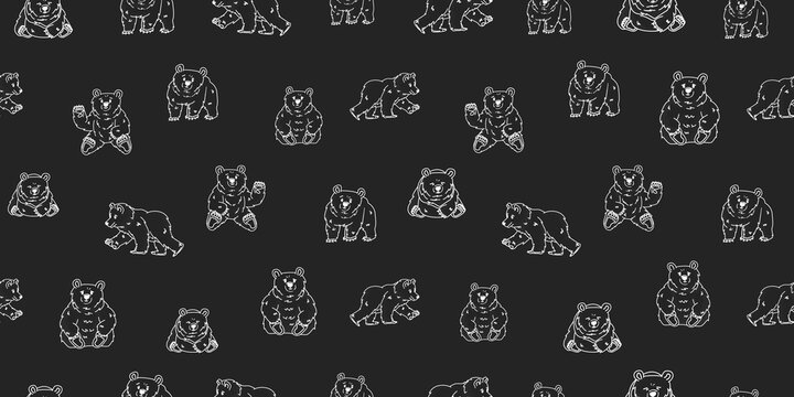 Seamless pattern with chalk on blackboard effect. Gray background and white lines of bears