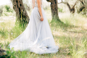 beautiful bride in tender wedding dress in the olive grove