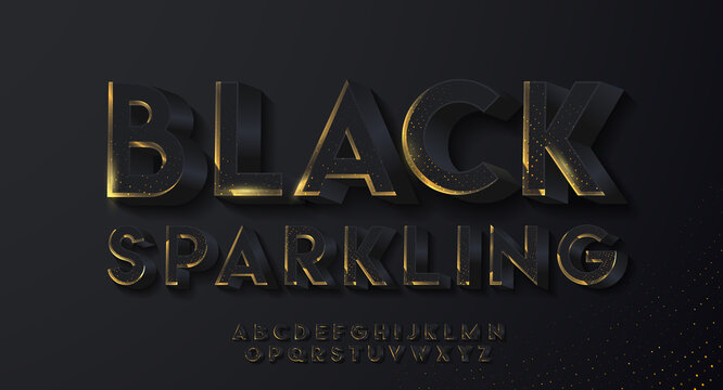 3D black sparkling font with shadow.  Modern festive alphabet set for luxury poster, banner, card, invitation. Realistic shiny characters. Vector 3d illustration. 