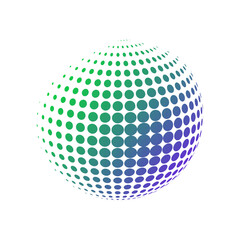 Geometric sphere made of dots with a gradient green blue colors. Halftone vector illustration. 3D ball in a modern minimalistic style
