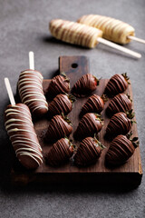 Strawberries and bananas in Belgian chocolate