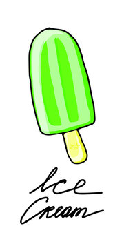 An isolated item on a white background. Green ice cream on a stick. Doodle style. Vector. Ice cream. Nice picture. Suitable for cafes, menus, recipes and posters.