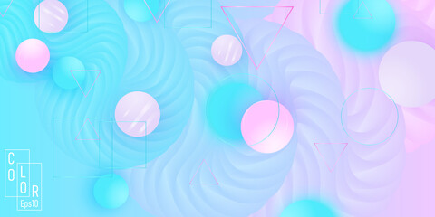 Color background. Pink and blue soft spheres. Fluid pattern. 3d geometric shapes. Vector.