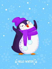 Funny dancing penguin in a knitted hat and scarf. Blue blackground with snowflakes and stars. Vector illustration. Hello winter.