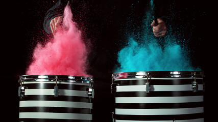 Freeze motion of coloured powder explosion on drums