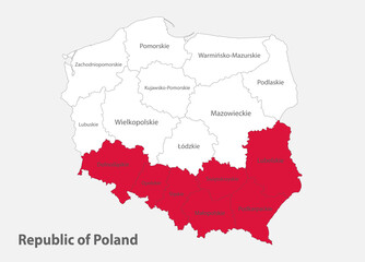 Map of the Republic of Poland in the colors of the flag Slovakia with administrative divisions vector