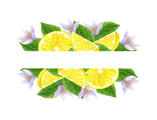 Watercolor lemon arrangement. Hand drawn frame with lemons and leaves.