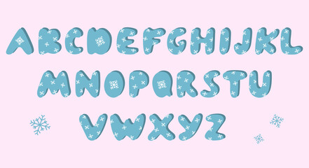 Hand drawn winter blue letter alphabet. Cute isolated snowflakes pattern letters. Modern stylised set of letters from A to Z rounded alphabet. Snow pattern letters. Light blue nordic vector illustrate