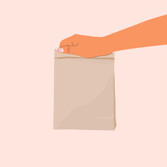 Hand holding shopping paper eco bag. Paper shopping package template on beige background. Safe food delivery service during covid-19 quarantine. Hand drawn modern vector illustration