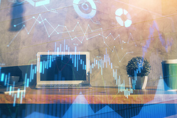 Multi exposure of chart and financial info and work space with computer background. Concept of international online trading.