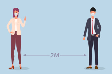 Social distance, People who keep a distance to protect themselves from Covid-19 infection.Wearing a medical mask to reduce the risk to life of coronavirus.Flat vector illustration.