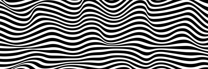 Simple wavy background. Vector illustration of striped pattern with optical illusion, op art. Long horizontal banner