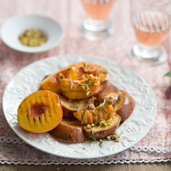 Brioche French Toast with Grilled Peaches and Pistachios