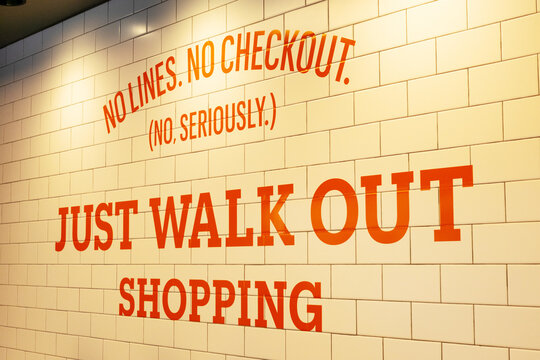 Amazon Go convenience store no lines, no checkout advertisement in the retail location - San Francisco, California, USA - 2019