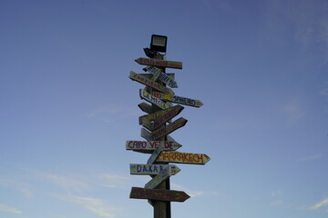 signs that indicate the direction where some cities of the world are located