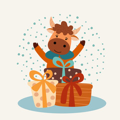 The cute bull is happy with the gifts. Symbol of 2021. Greeting card for the New Year. Vector illustration.