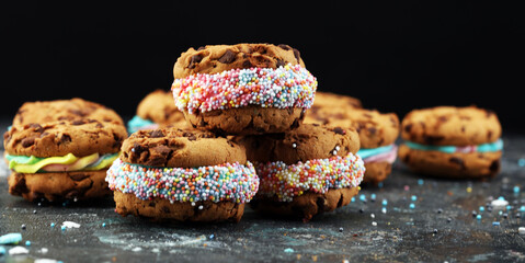 ice cream sandwiches with strawberry and chocolate. Chocolate Chip Cookie Ice Cream Sandwich