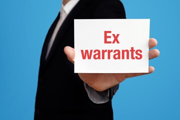 Ex warrants. Businessman in suit showing business card with text. Man isolated on blue background