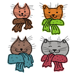 Cute drawn cats in scarves. Collection of isolated contour illustrations for fabric, poster, postcard, etc.	

