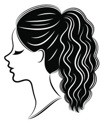 Silhouette of a profile of a sweet lady's head. A girl shows a female tail-hairstyle on medium and long hair. Suitable for logo, advertising. Vector illustration.