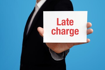 Late charge. Businessman in suit showing business card with text. Man isolated on blue background