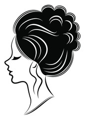 Silhouette of a profile of a sweet lady's head. The girl shows a female hairstyle on medium and long hair. Suitable for logo, advertising. Vector illustration.