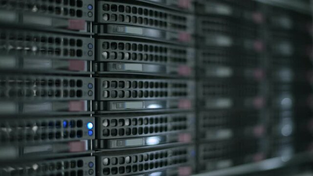 Blinking server cabinet lights. Information transmission, data recording. Close up