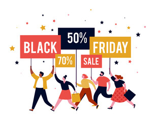 Black friday, mega sale banner, scene with a crowd, women and men running with shopping bags. Sale concept design