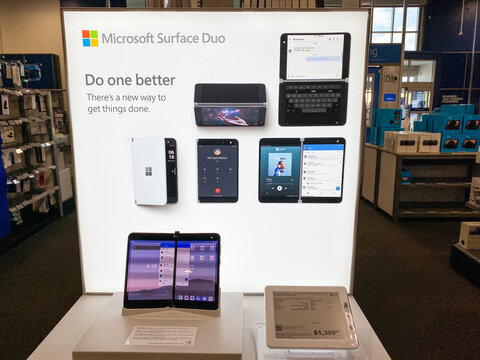 A Microsoft Surface Duo display at a Best Buy retail store in Orlando, Florida