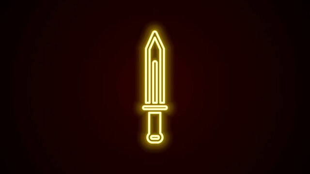 Glowing neon line Medieval sword icon isolated on black background. Medieval weapon. 4K Video motion graphic animation